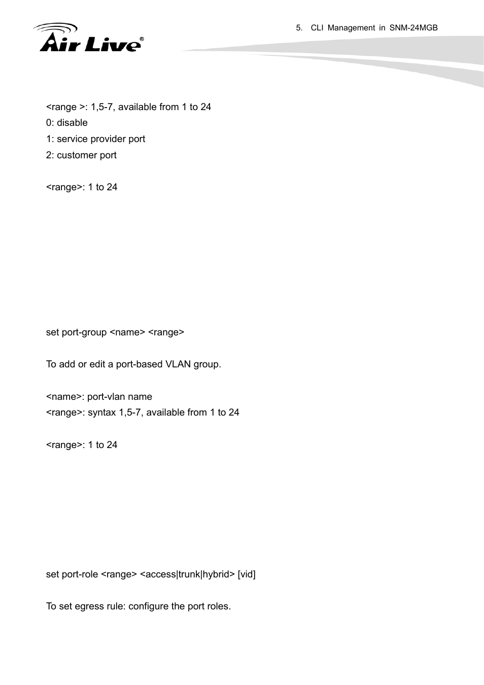 Set port-group, Set port-role | AirLive SNMP-24MGB User Manual | Page 312 / 325