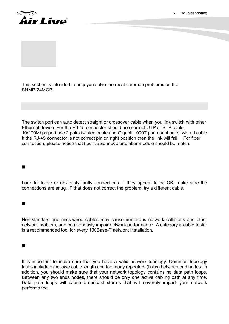 Troubleshooting, 1 incorrect connections | AirLive SNMP-24MGB User Manual | Page 316 / 325