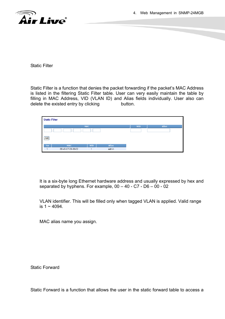 2 static filter 4.5.3 static forward, 2 static filter, 3 static forward | AirLive SNMP-24MGB User Manual | Page 63 / 325