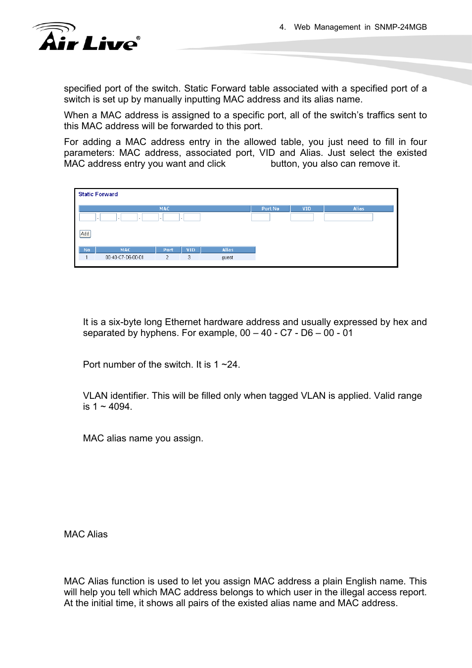 4 mac alias | AirLive SNMP-24MGB User Manual | Page 64 / 325