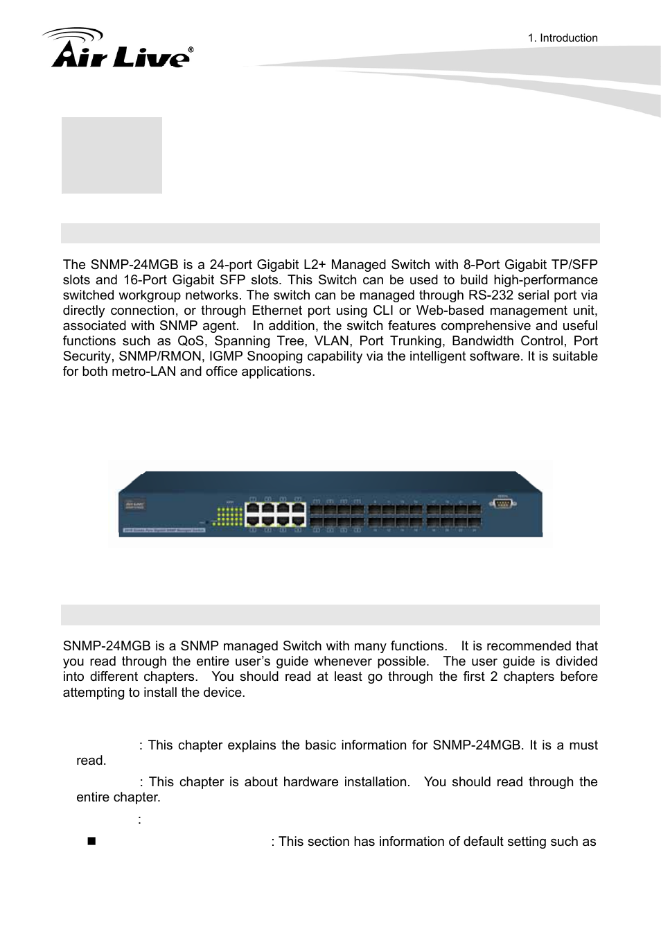 Introduction, 1 overview, 2 how to use this guide | AirLive SNMP-24MGB User Manual | Page 8 / 325