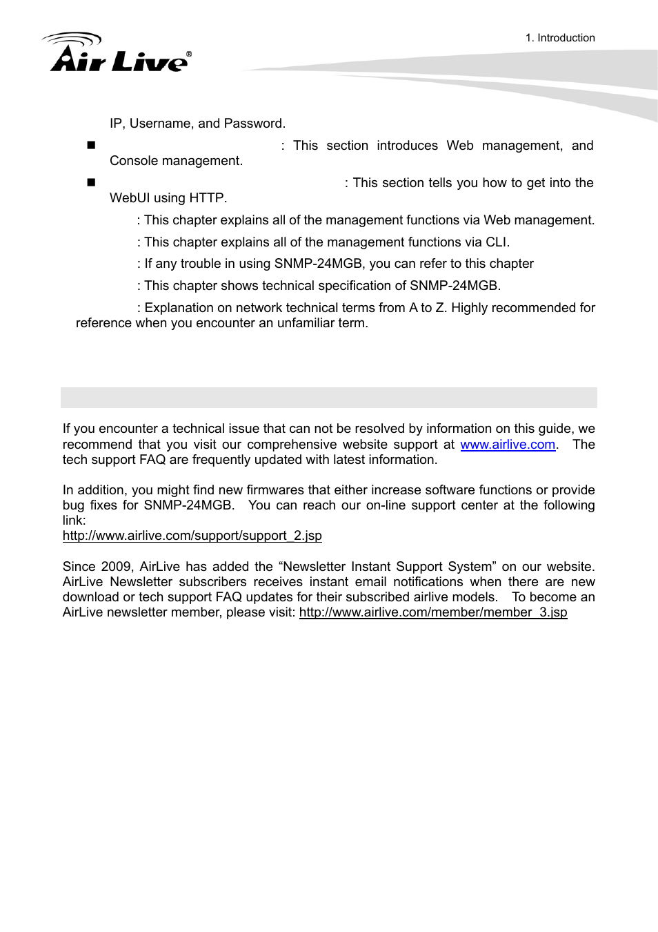 3 firmware upgrade and tech support | AirLive SNMP-24MGB User Manual | Page 9 / 325