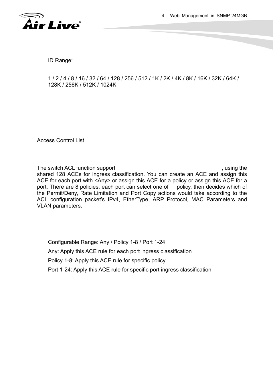 3 access control list | AirLive SNMP-24MGB User Manual | Page 96 / 325