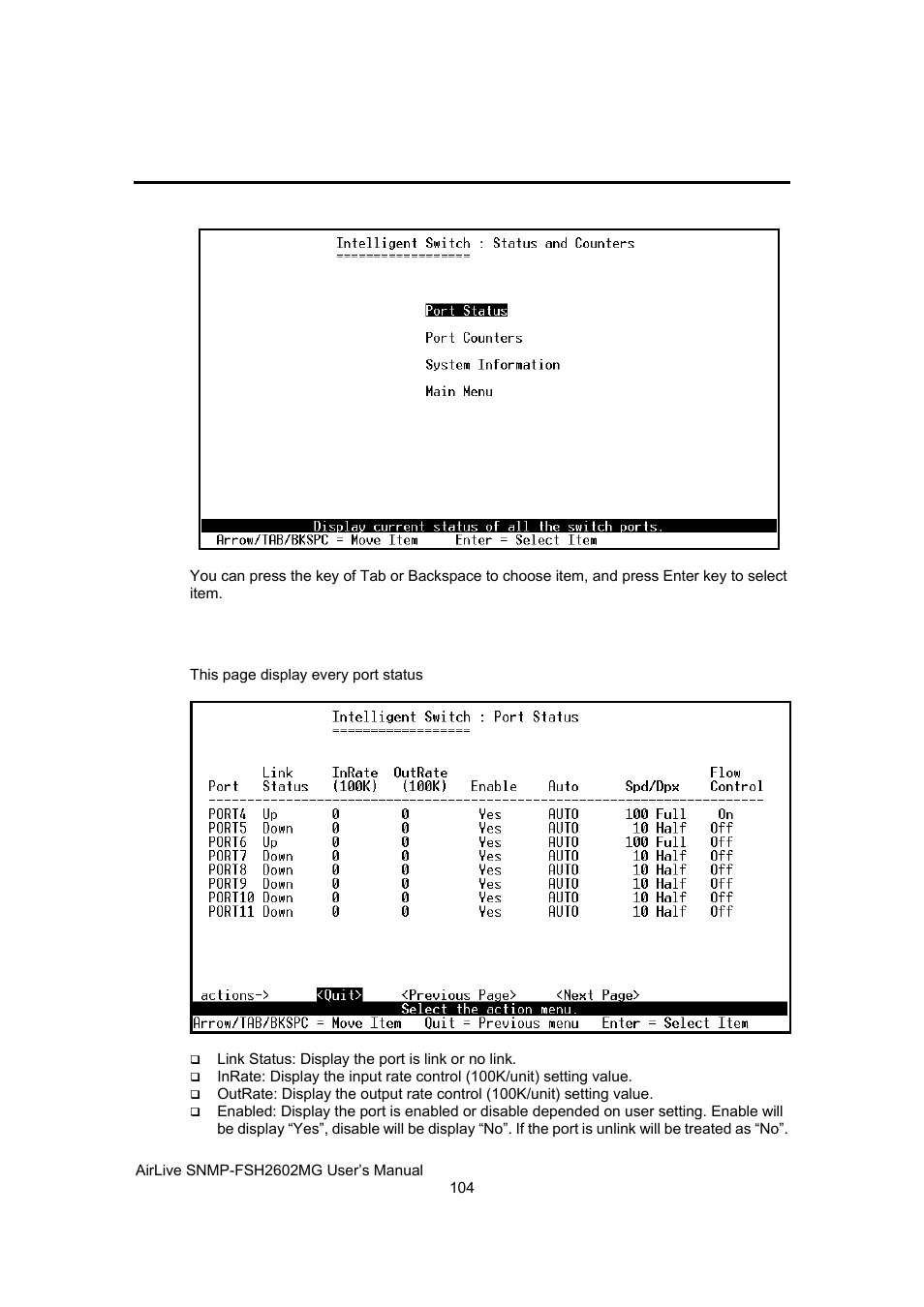 Status and counters, Port status | AirLive SNMP-FSH2602MG User Manual | Page 116 / 137