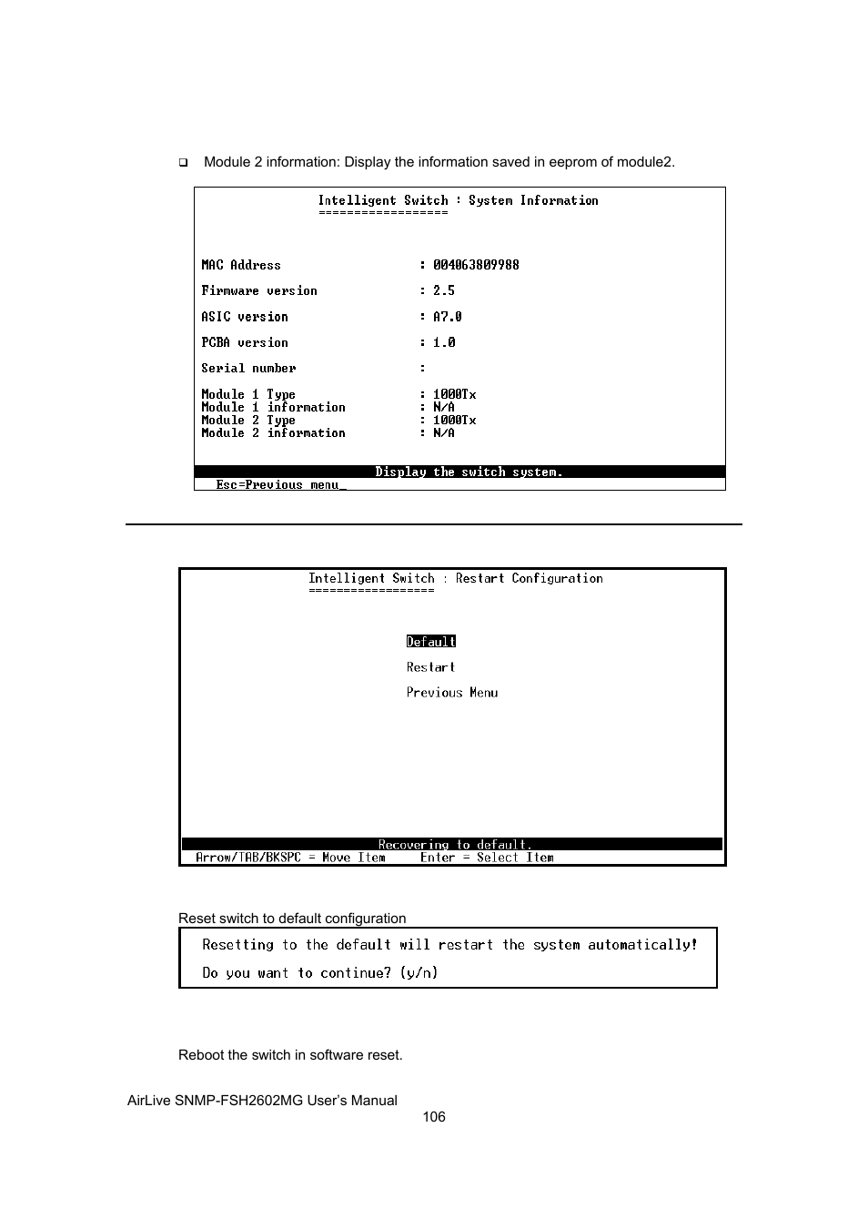 Reboot switch, Default, Restart | AirLive SNMP-FSH2602MG User Manual | Page 118 / 137