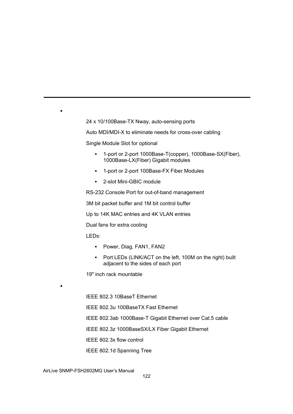 Appendix a product specifications, Snmp-fsh2602mg management switch | AirLive SNMP-FSH2602MG User Manual | Page 134 / 137