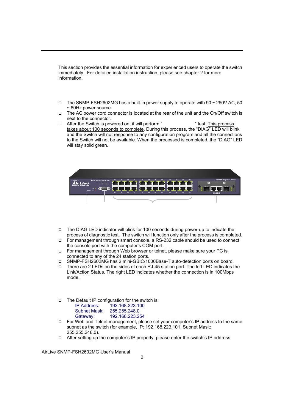 Quick setup, Power-on the switch, Ports and indicators | Switch’s default ip address | AirLive SNMP-FSH2602MG User Manual | Page 14 / 137