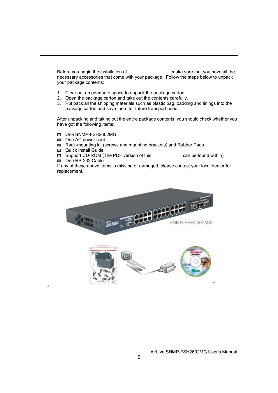 Unpack the package | AirLive SNMP-FSH2602MG User Manual | Page 17 / 137