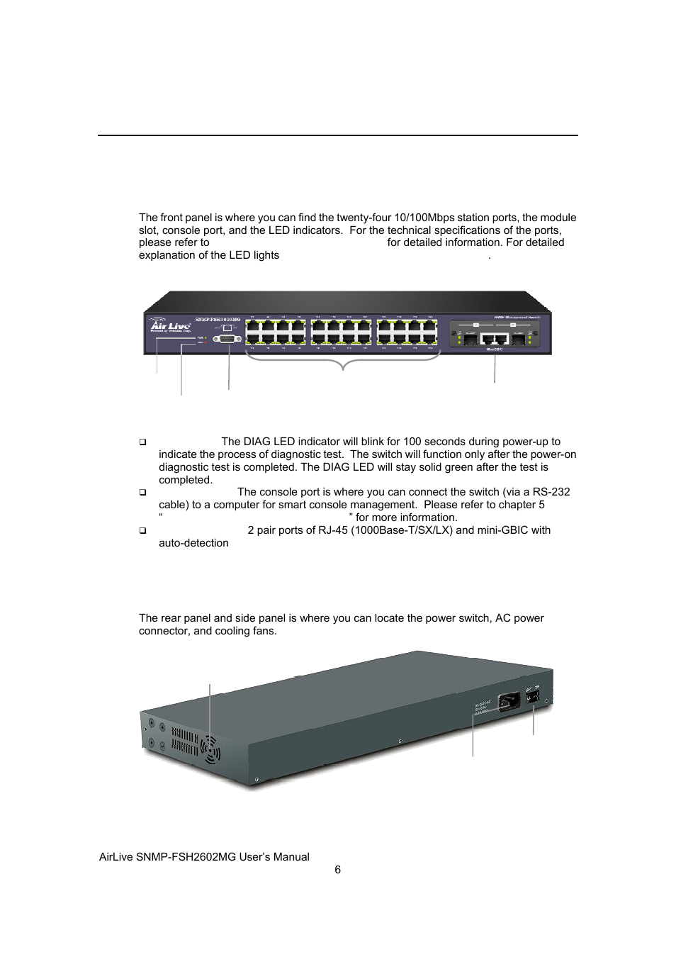 Hardware overview, Front panel, The rear & side panel | AirLive SNMP-FSH2602MG User Manual | Page 18 / 137