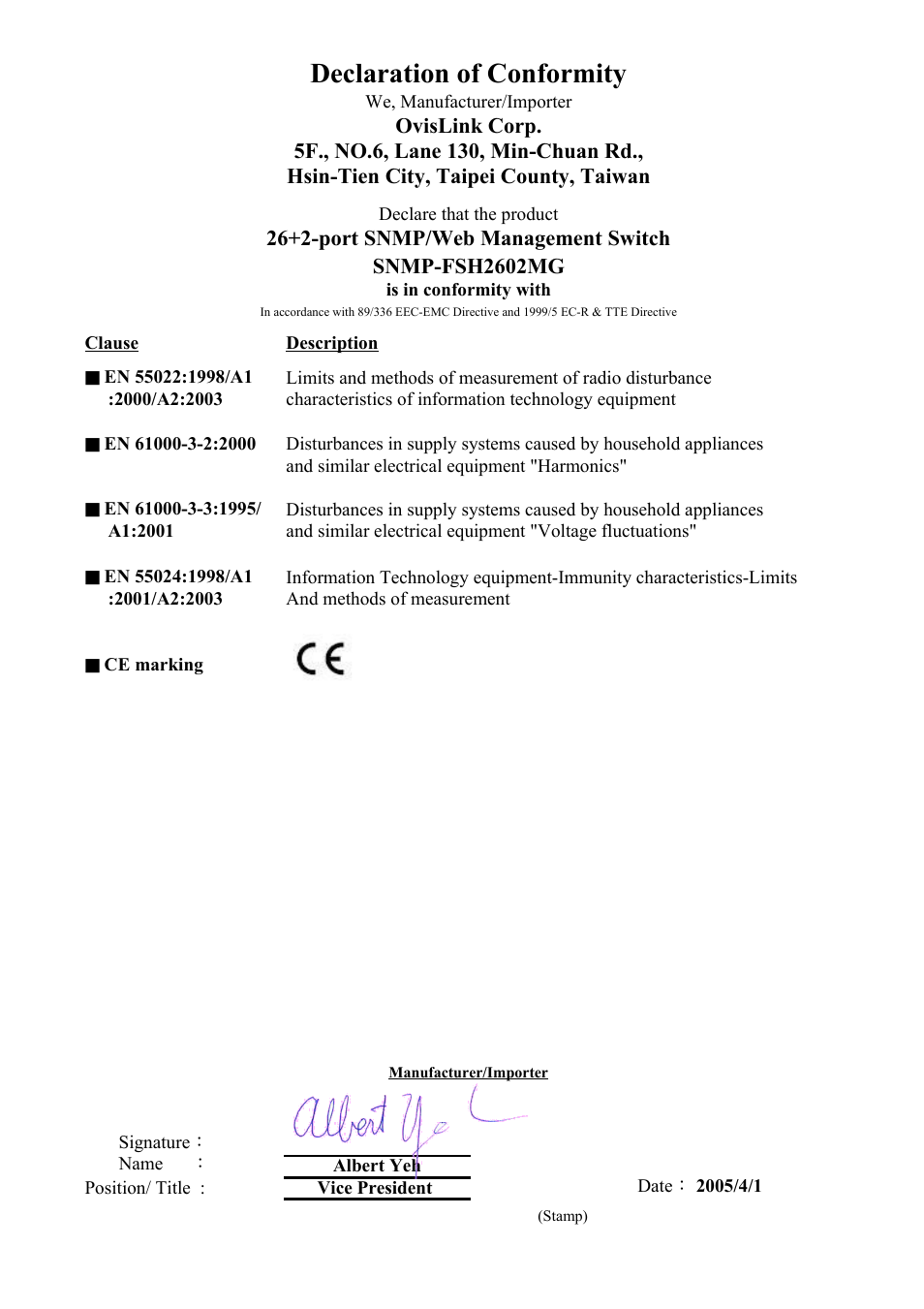 Sheet1, Declaration of conformity | AirLive SNMP-FSH2602MG User Manual | Page 2 / 137