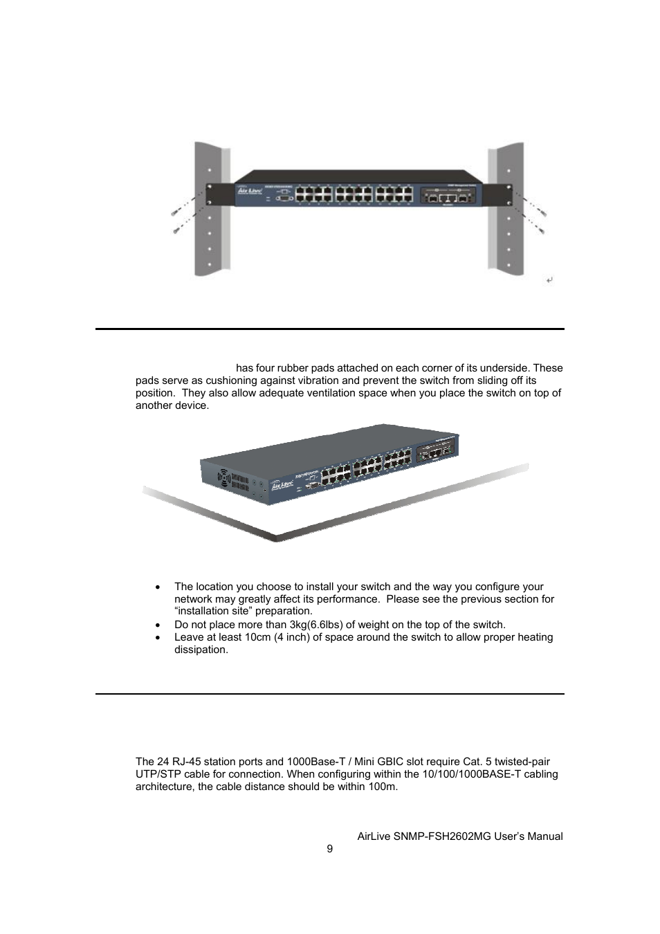 Desktop installation, Cabling requirements | AirLive SNMP-FSH2602MG User Manual | Page 21 / 137