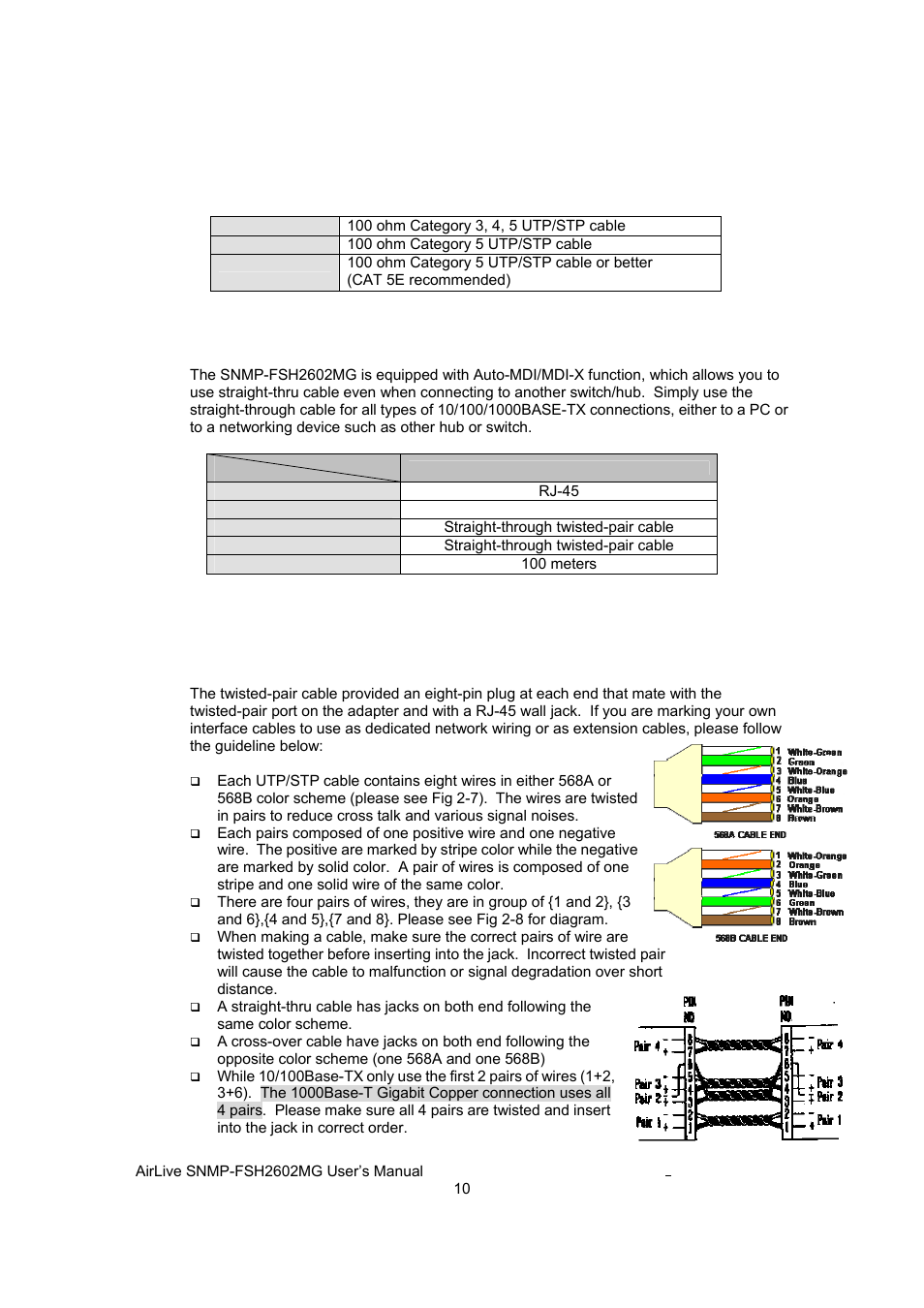 Auto mdi/mdi-x function, Making your own utp/stp cable | AirLive SNMP-FSH2602MG User Manual | Page 22 / 137