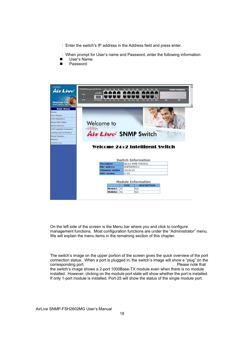 Menu bar, Top switch image | AirLive SNMP-FSH2602MG User Manual | Page 30 / 137