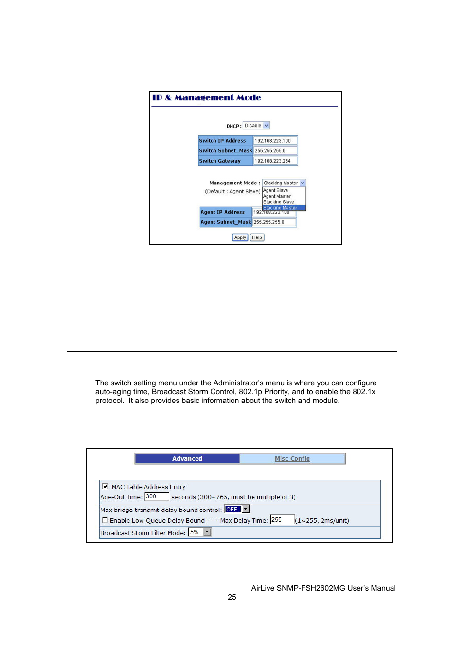 Switch setting, Advanced settings | AirLive SNMP-FSH2602MG User Manual | Page 37 / 137