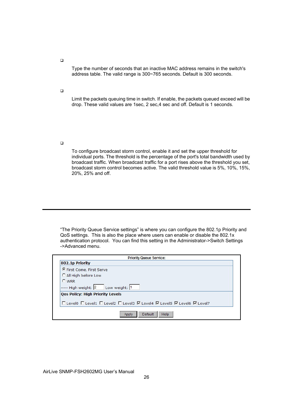 Priority queue service settings | AirLive SNMP-FSH2602MG User Manual | Page 38 / 137