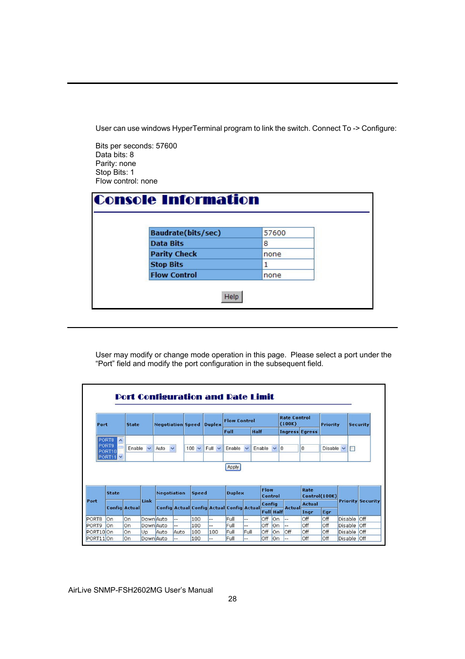 Console port information, Port controls | AirLive SNMP-FSH2602MG User Manual | Page 40 / 137