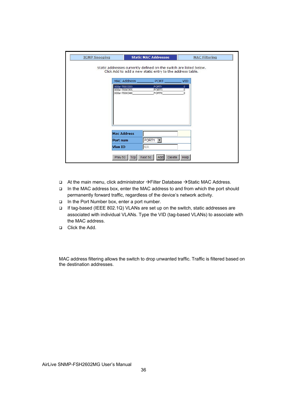 Mac filtering | AirLive SNMP-FSH2602MG User Manual | Page 48 / 137