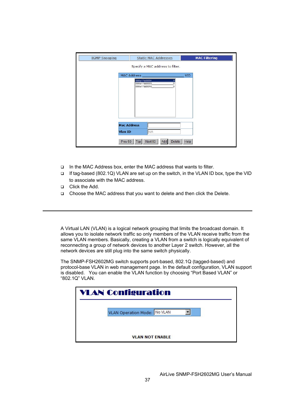 Vlan configuration | AirLive SNMP-FSH2602MG User Manual | Page 49 / 137