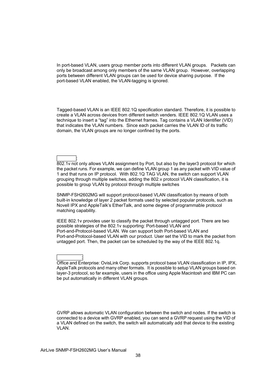 Port-based vlan, 1q tag-based vlan, 1v protocol-based vlan | Gvrp (generic attribute registration protocol) | AirLive SNMP-FSH2602MG User Manual | Page 50 / 137