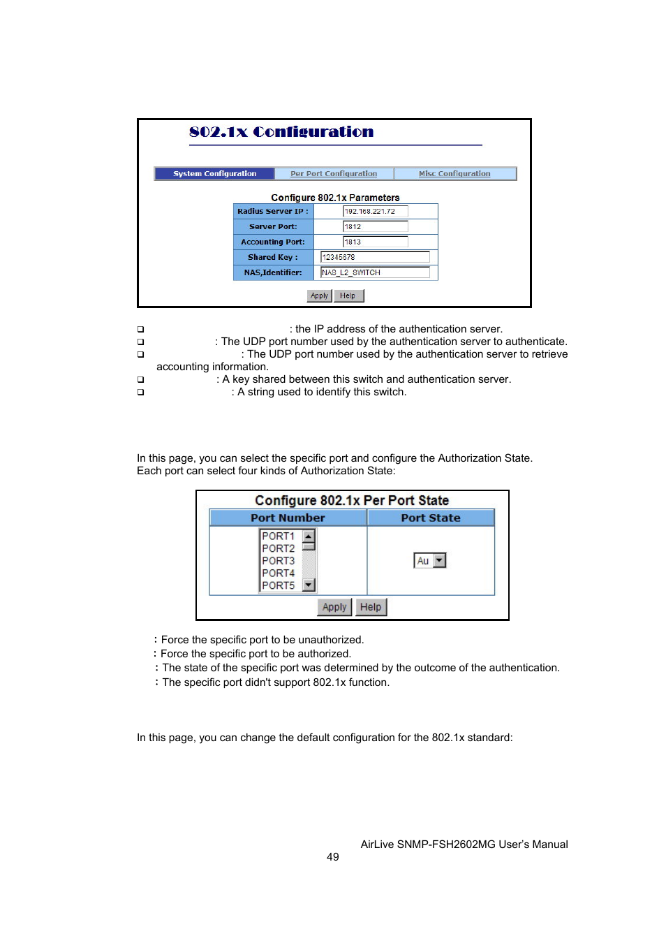 Per port configuration, Misc configuration | AirLive SNMP-FSH2602MG User Manual | Page 61 / 137