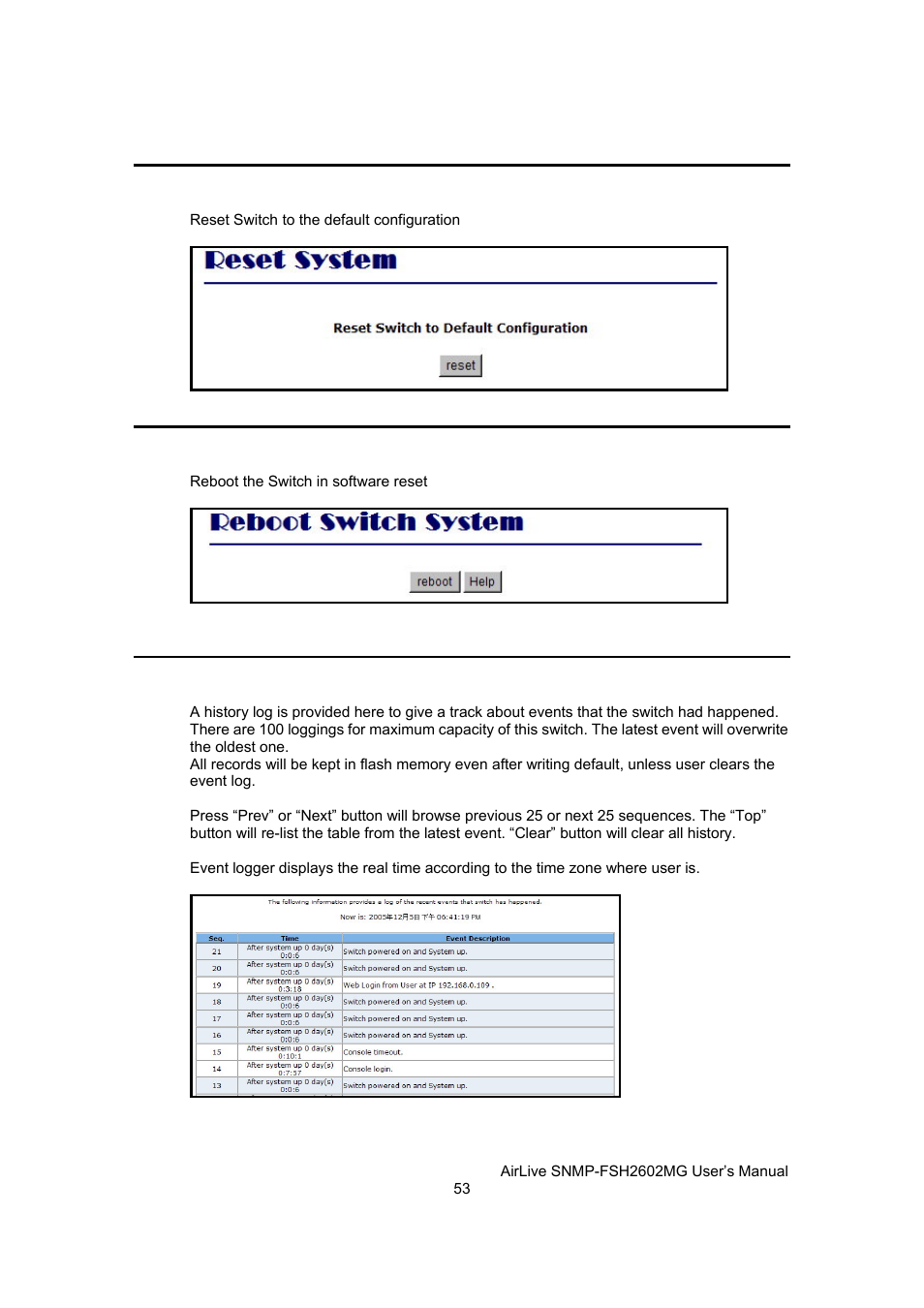 Reset system, Reboot, Event logging | AirLive SNMP-FSH2602MG User Manual | Page 65 / 137