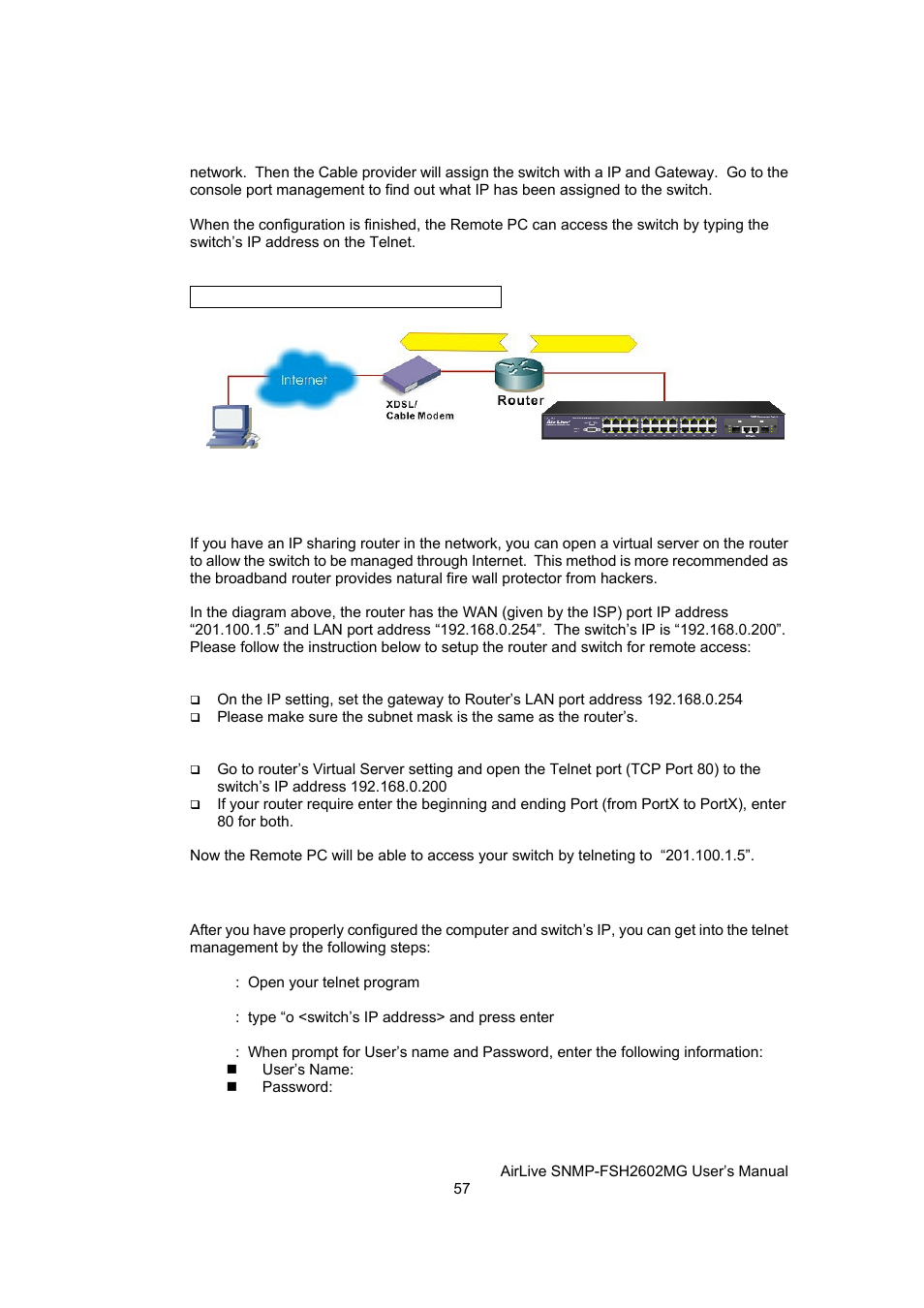 Telnet to the switch, Connect through broadband router | AirLive SNMP-FSH2602MG User Manual | Page 69 / 137