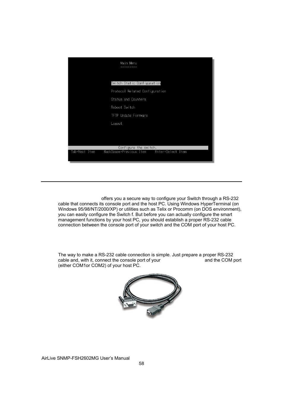 Console port management, Making rs-232 cable connection to the host pc | AirLive SNMP-FSH2602MG User Manual | Page 70 / 137