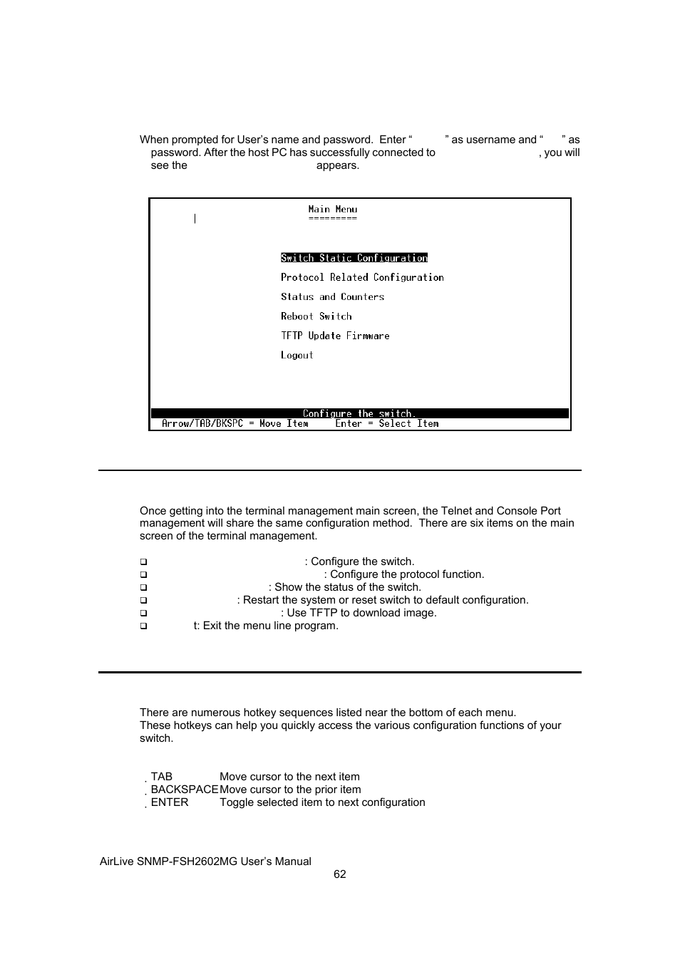 Main menu, Hot keys | AirLive SNMP-FSH2602MG User Manual | Page 74 / 137