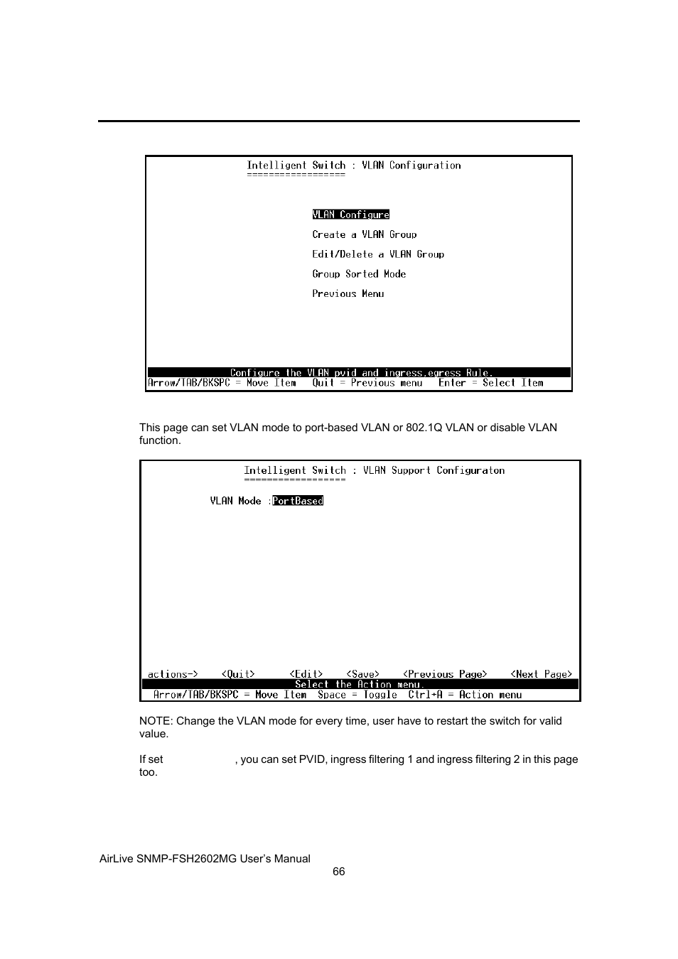 Vlan configuration | AirLive SNMP-FSH2602MG User Manual | Page 78 / 137