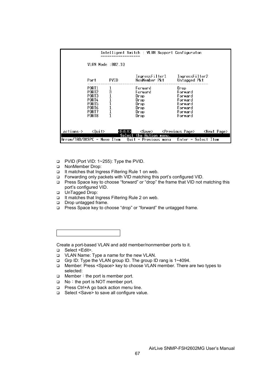 Create a vlan group, Create port-based vlan | AirLive SNMP-FSH2602MG User Manual | Page 79 / 137