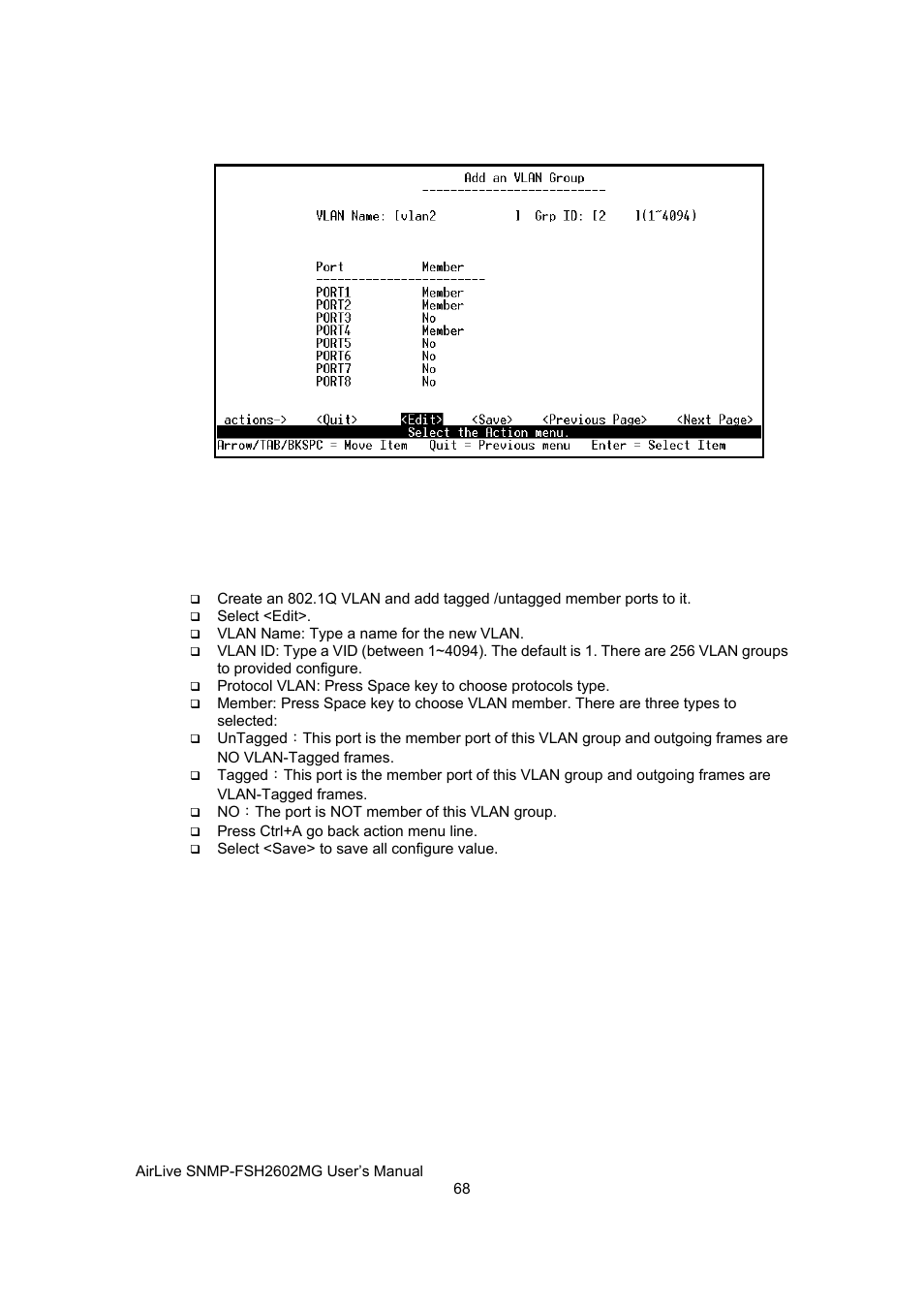 Create 802.1q vlan | AirLive SNMP-FSH2602MG User Manual | Page 80 / 137