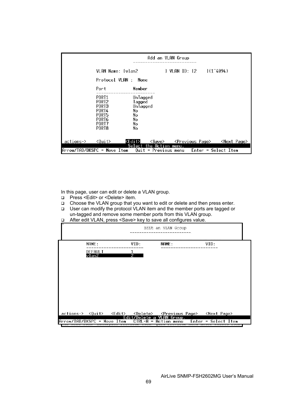 Edit / delete a vlan group | AirLive SNMP-FSH2602MG User Manual | Page 81 / 137