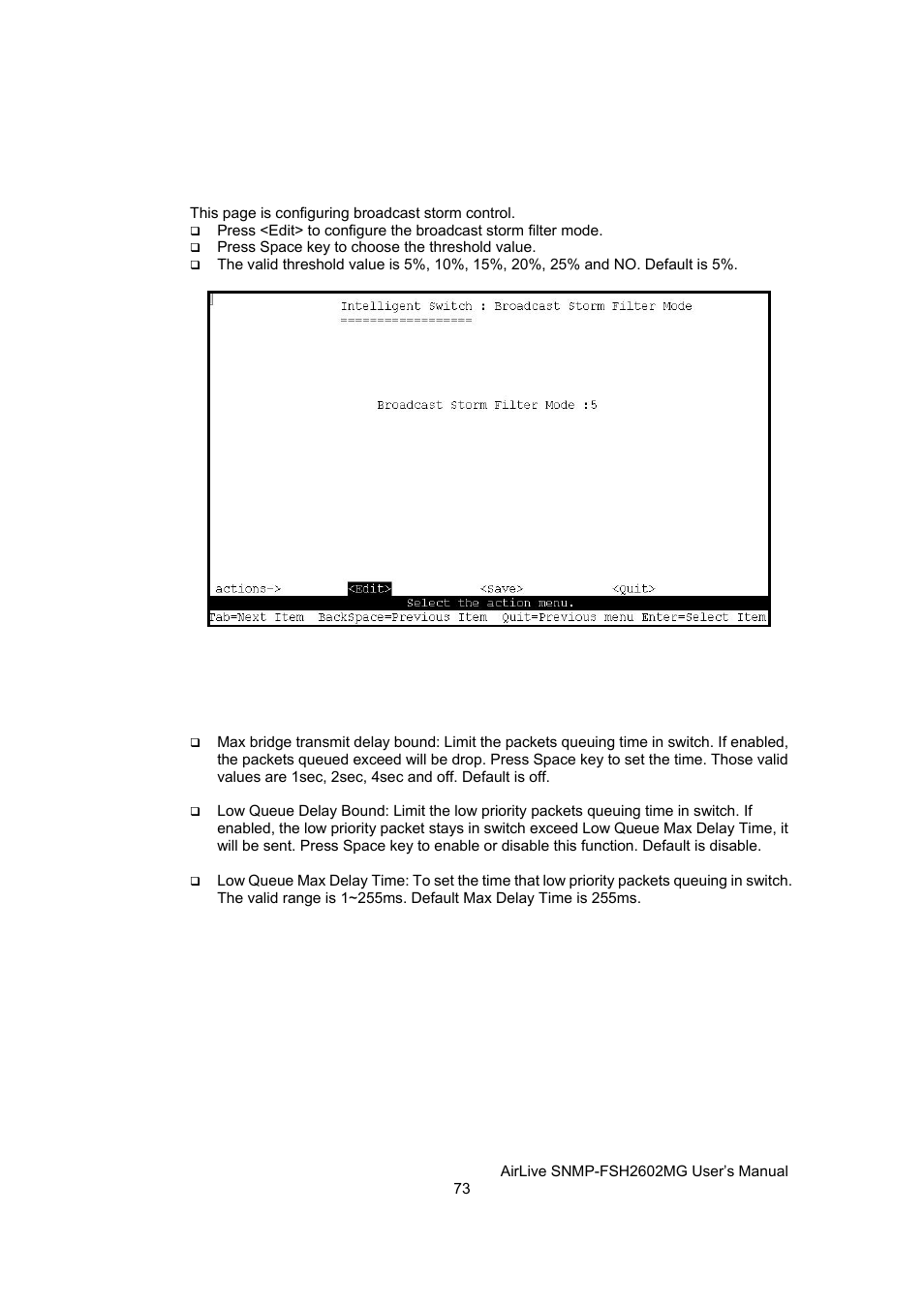 Broadcast storm filtering, Max bridge transmit delay bound | AirLive SNMP-FSH2602MG User Manual | Page 85 / 137