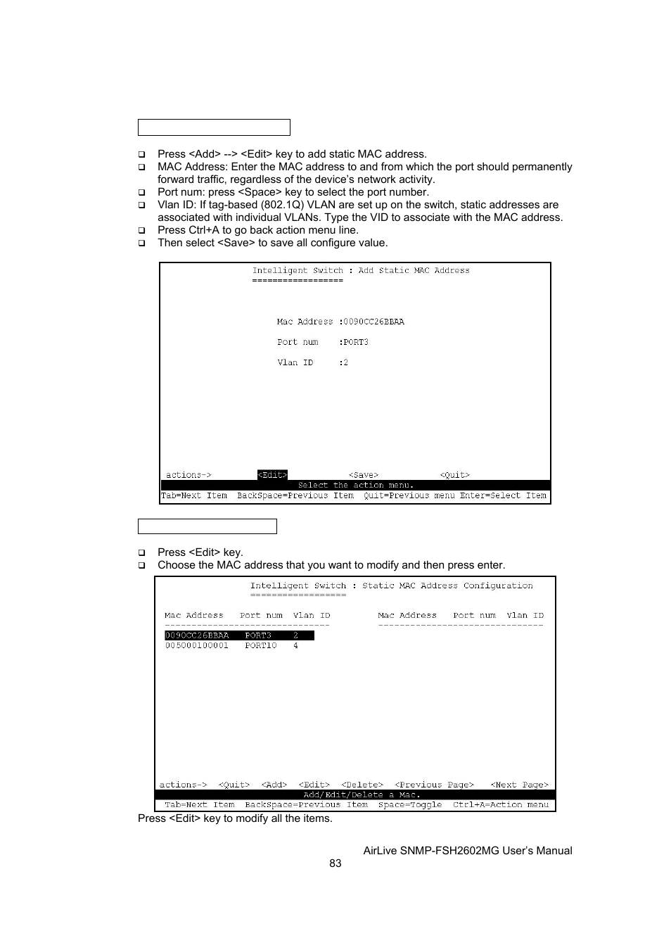 Add static mac address | AirLive SNMP-FSH2602MG User Manual | Page 95 / 137