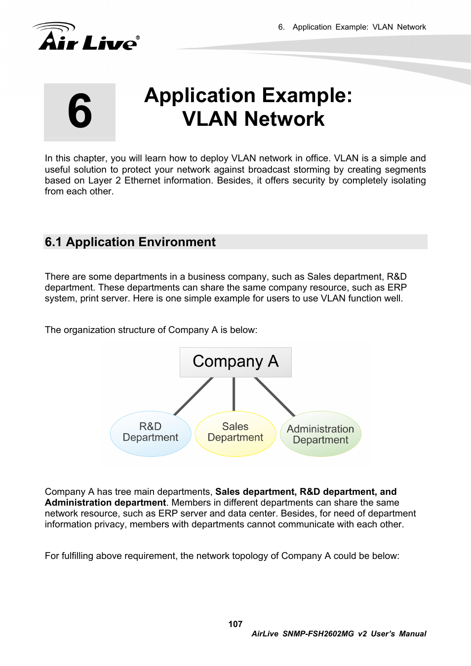 Application example: vlan network, 1 application environment | AirLive SNMP-FSH2602MG v2 User Manual | Page 112 / 139