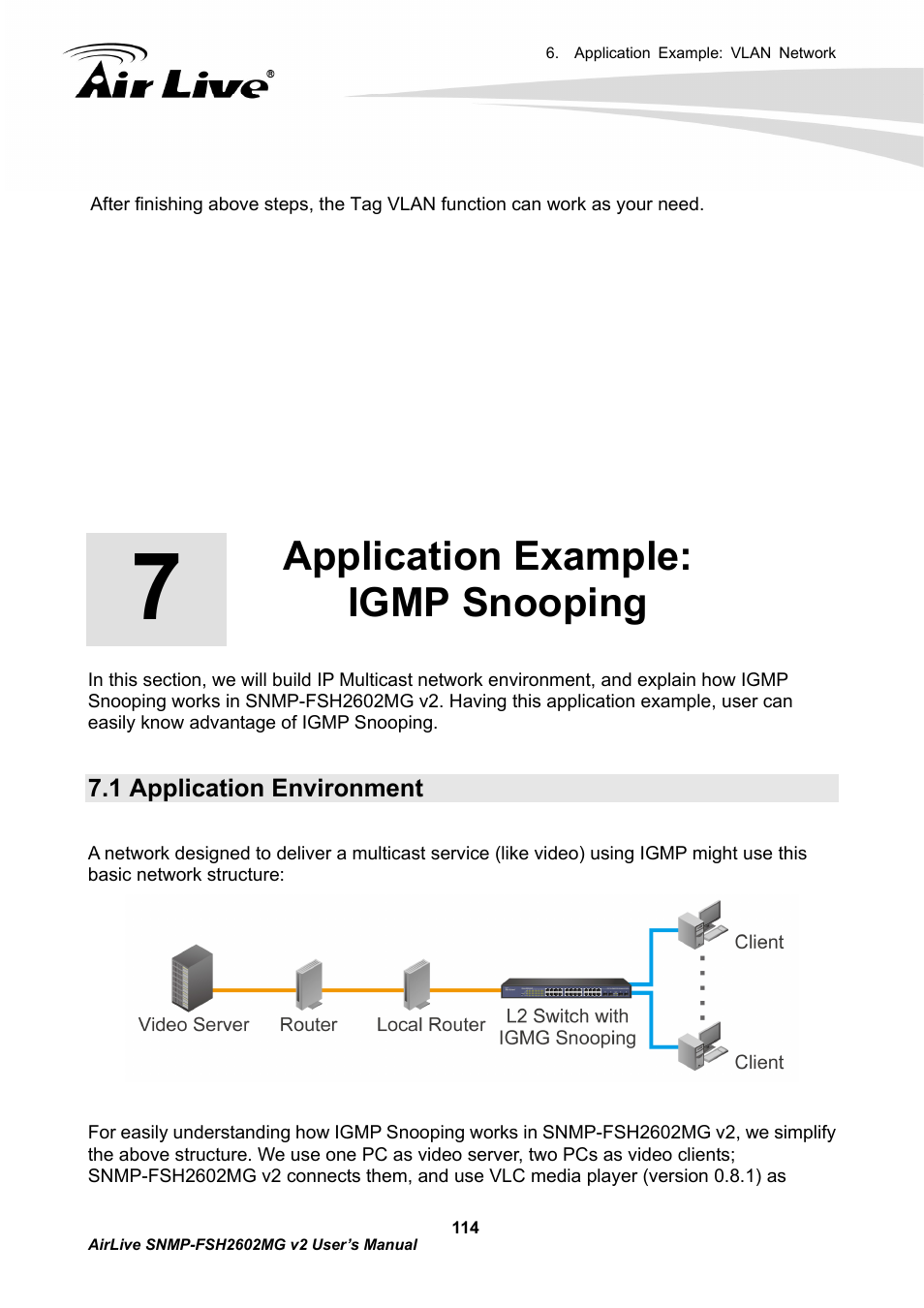 Application example: igmp snooping, 1 application environment | AirLive SNMP-FSH2602MG v2 User Manual | Page 119 / 139