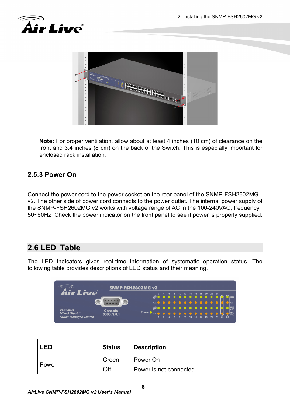 6 led table, 3 power on | AirLive SNMP-FSH2602MG v2 User Manual | Page 13 / 139