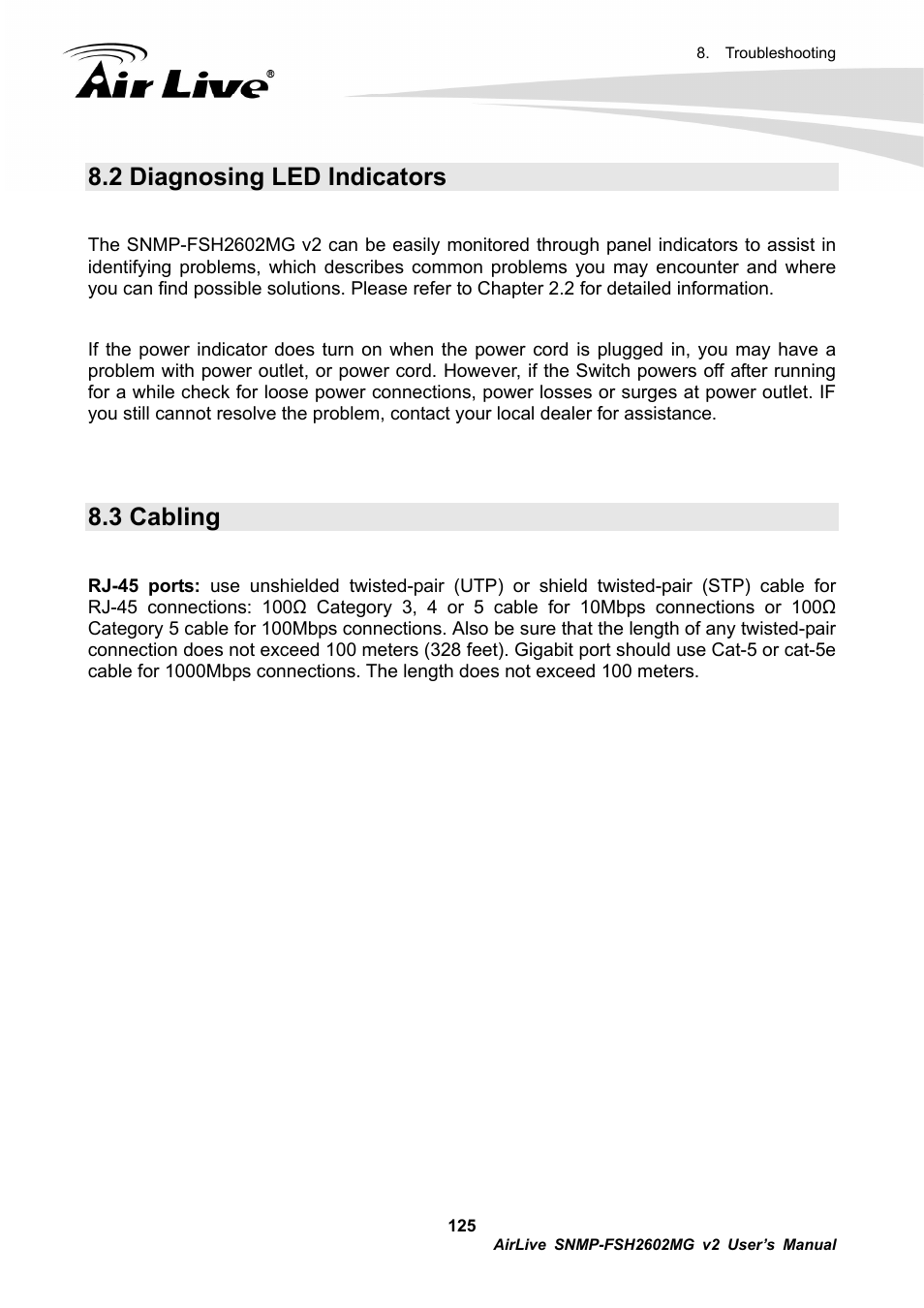 2 diagnosing led indicators, 3 cabling | AirLive SNMP-FSH2602MG v2 User Manual | Page 130 / 139