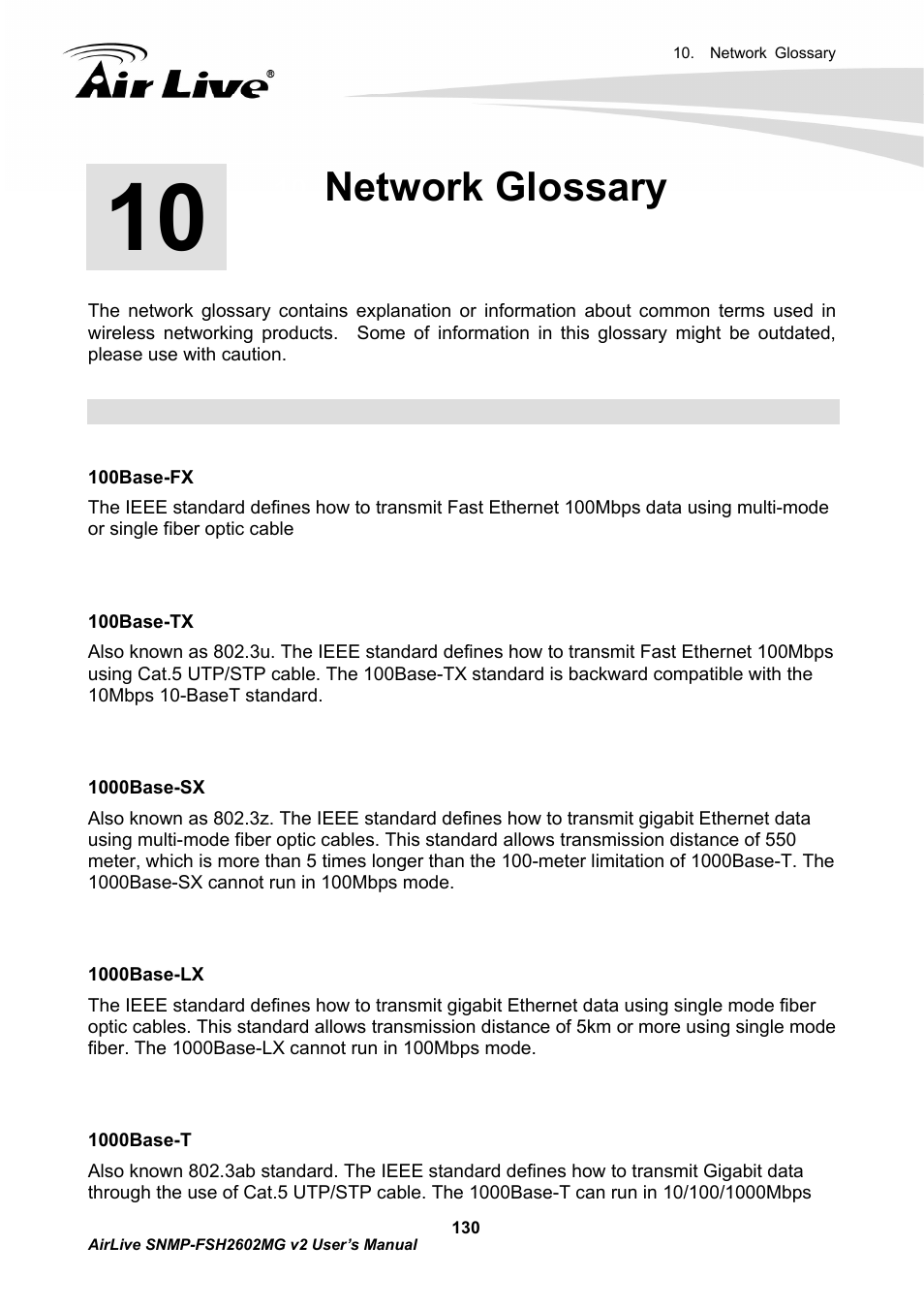Network glossary | AirLive SNMP-FSH2602MG v2 User Manual | Page 135 / 139