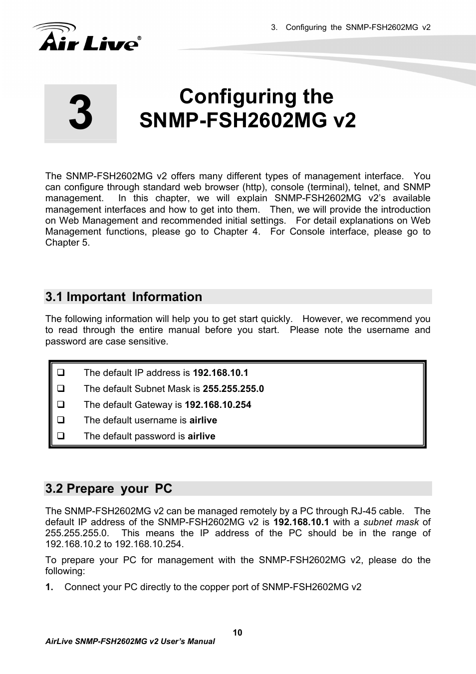 Configuring the snmp-fsh2602mg v2, 1 important information, 2 prepare your pc | AirLive SNMP-FSH2602MG v2 User Manual | Page 15 / 139