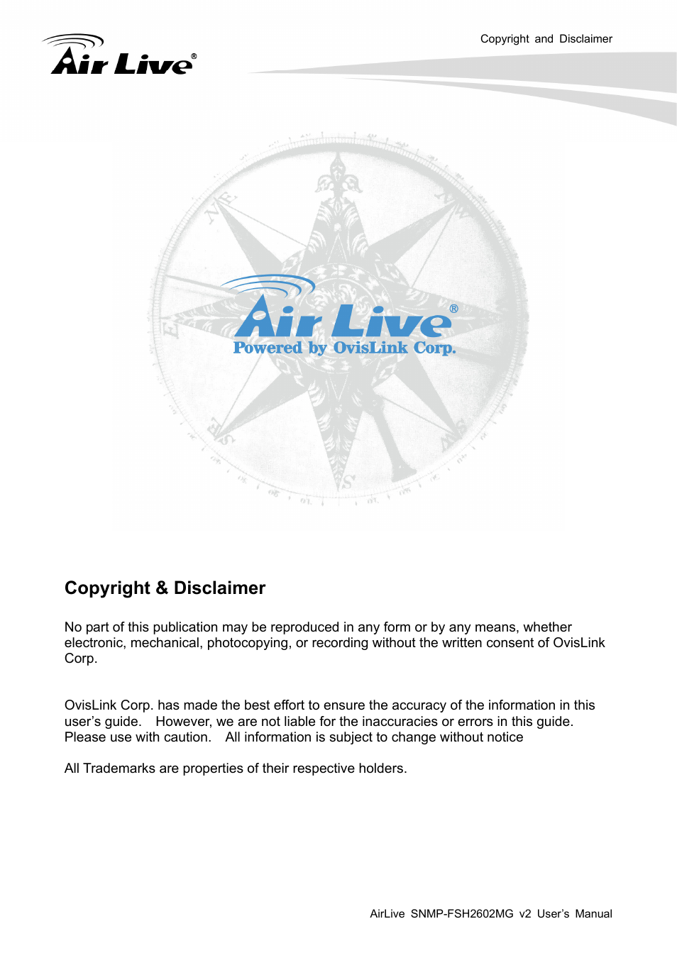 Copyright & disclaimer | AirLive SNMP-FSH2602MG v2 User Manual | Page 2 / 139