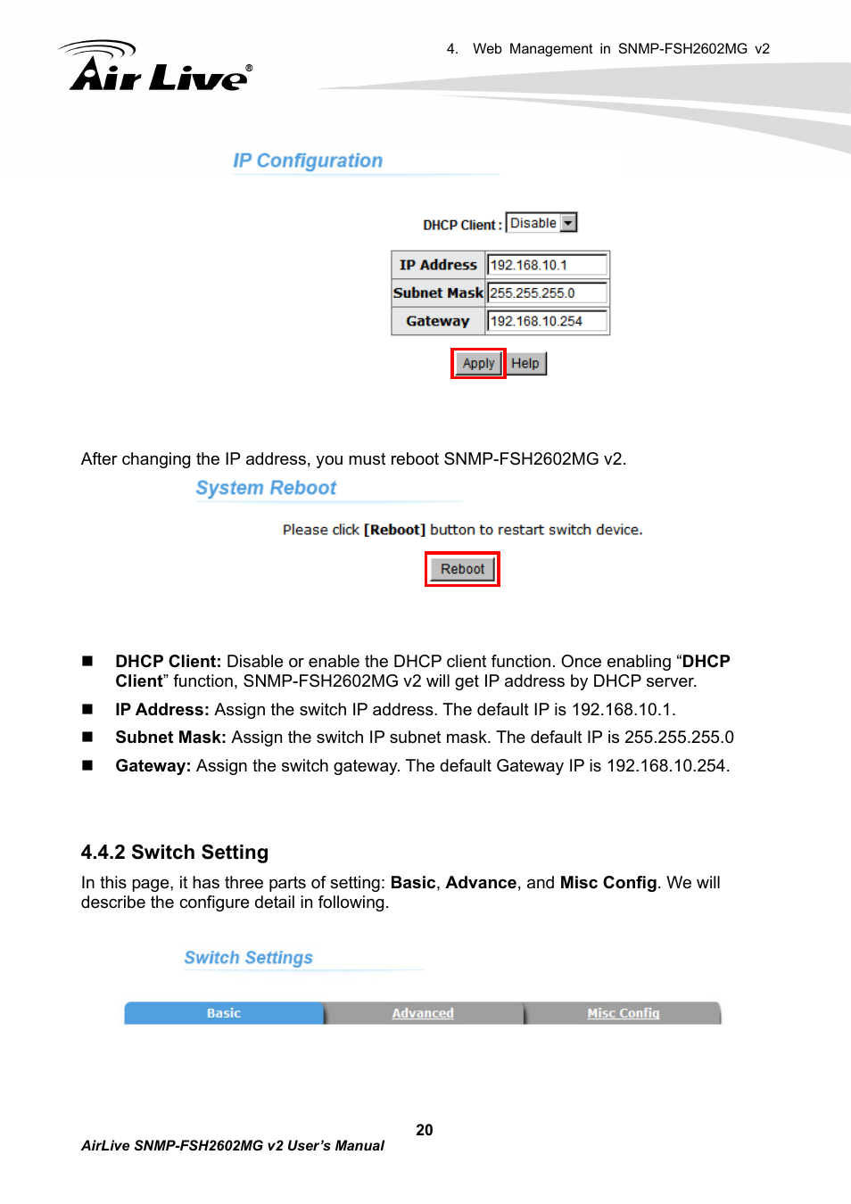 2 switch setting | AirLive SNMP-FSH2602MG v2 User Manual | Page 25 / 139