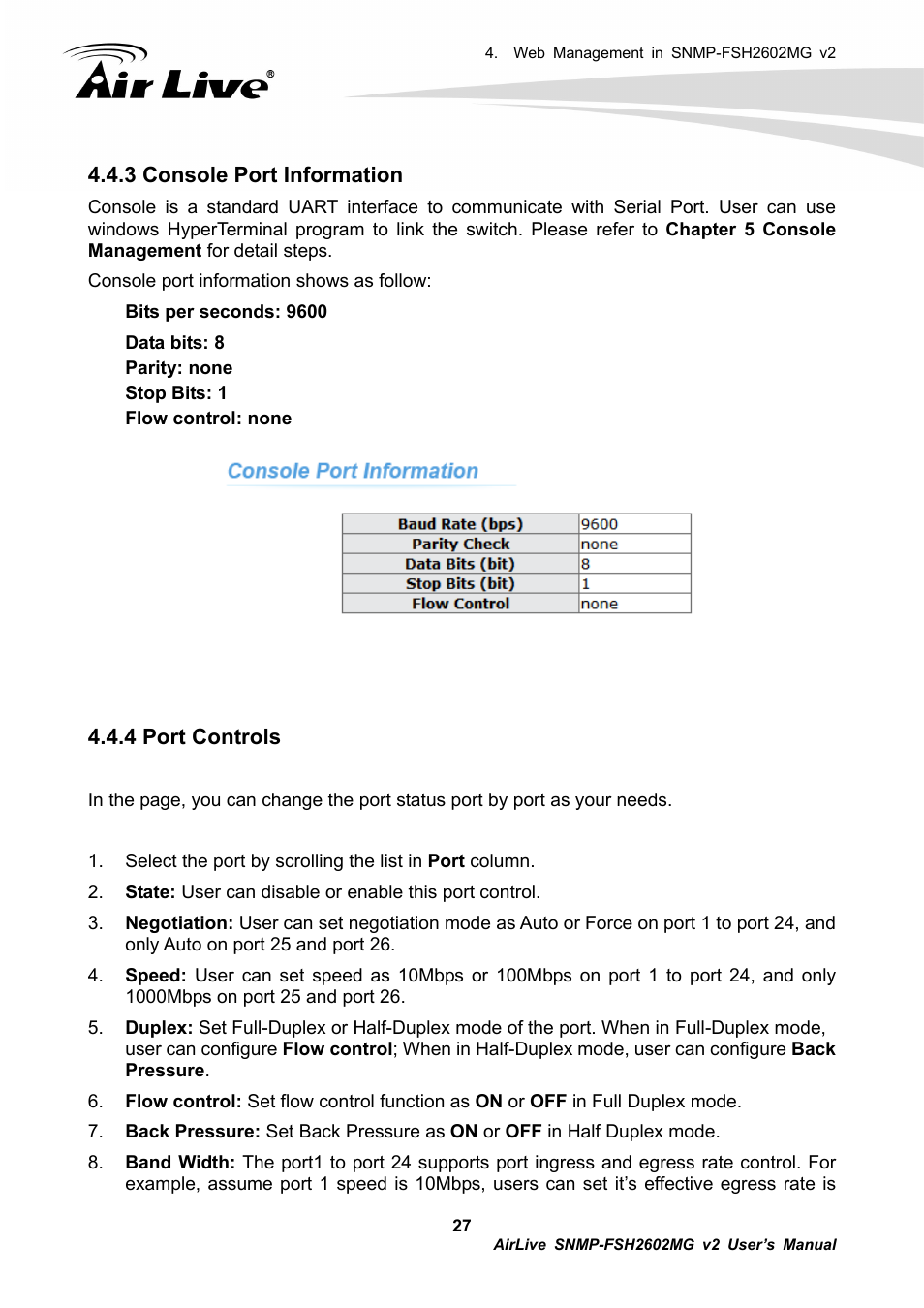 3 console port information, 4 port controls | AirLive SNMP-FSH2602MG v2 User Manual | Page 32 / 139