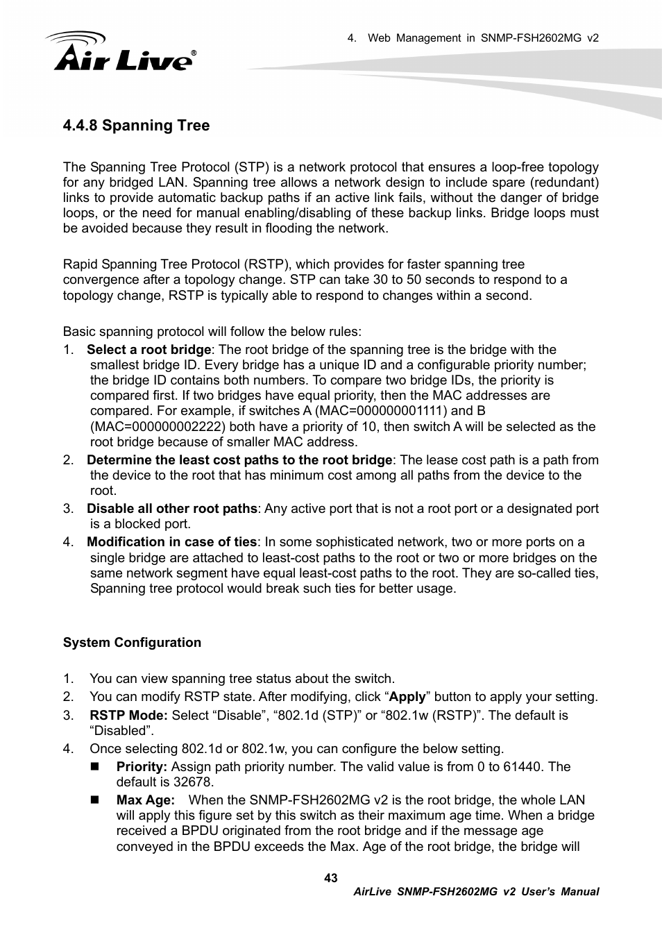 8 spanning tree | AirLive SNMP-FSH2602MG v2 User Manual | Page 48 / 139