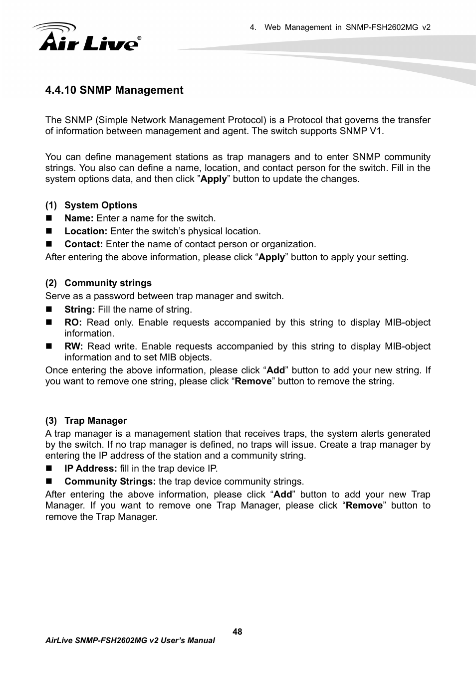 10 snmp management | AirLive SNMP-FSH2602MG v2 User Manual | Page 53 / 139
