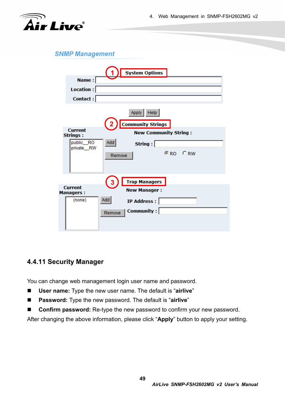 11 security manager | AirLive SNMP-FSH2602MG v2 User Manual | Page 54 / 139