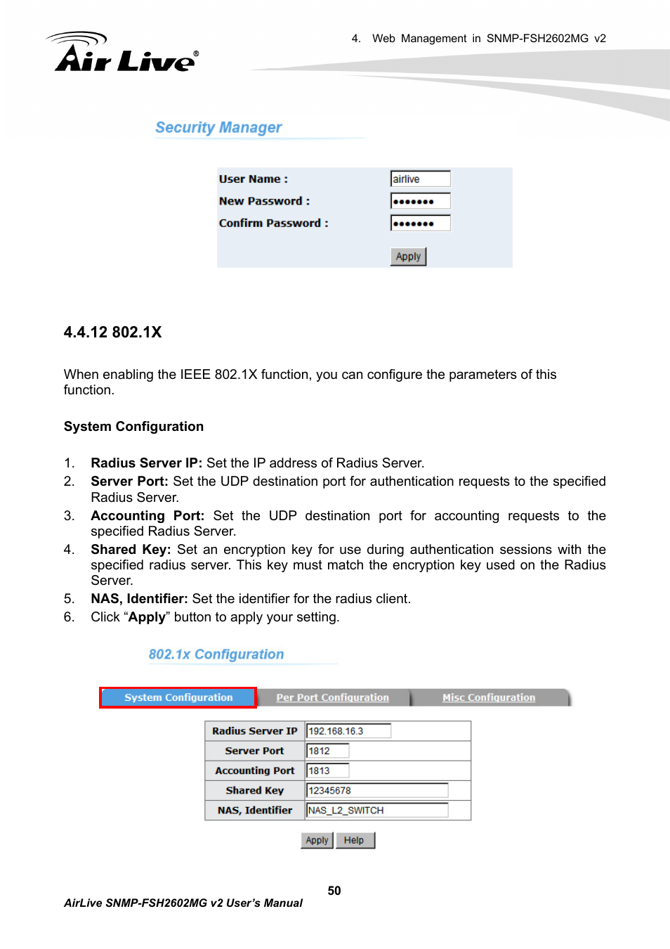 12 802.1x | AirLive SNMP-FSH2602MG v2 User Manual | Page 55 / 139