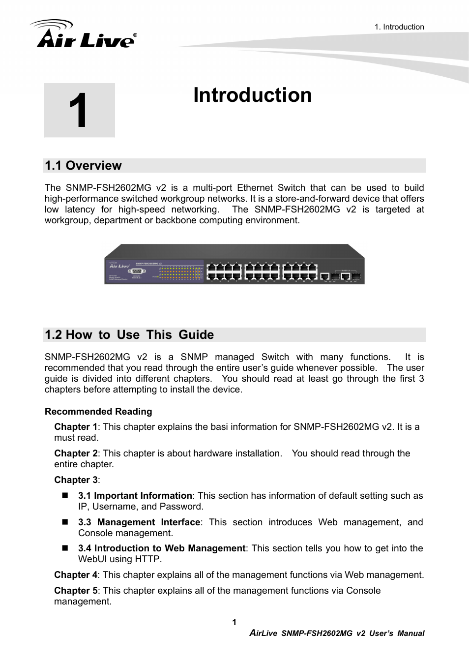 Introduction, 1 overview, 2 how to use this guide | AirLive SNMP-FSH2602MG v2 User Manual | Page 6 / 139