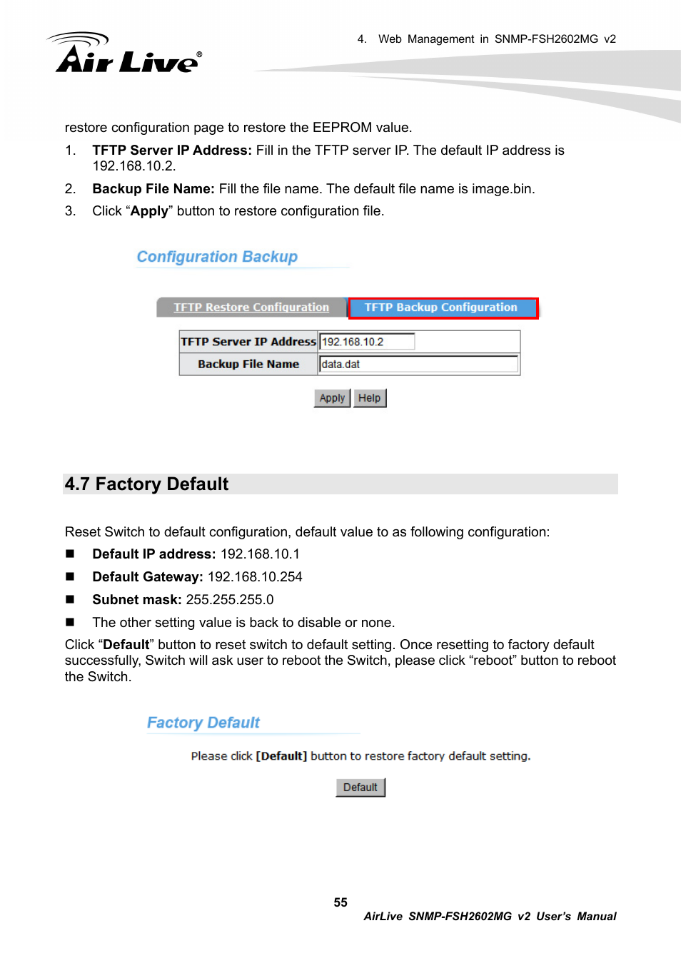 7 factory default | AirLive SNMP-FSH2602MG v2 User Manual | Page 60 / 139