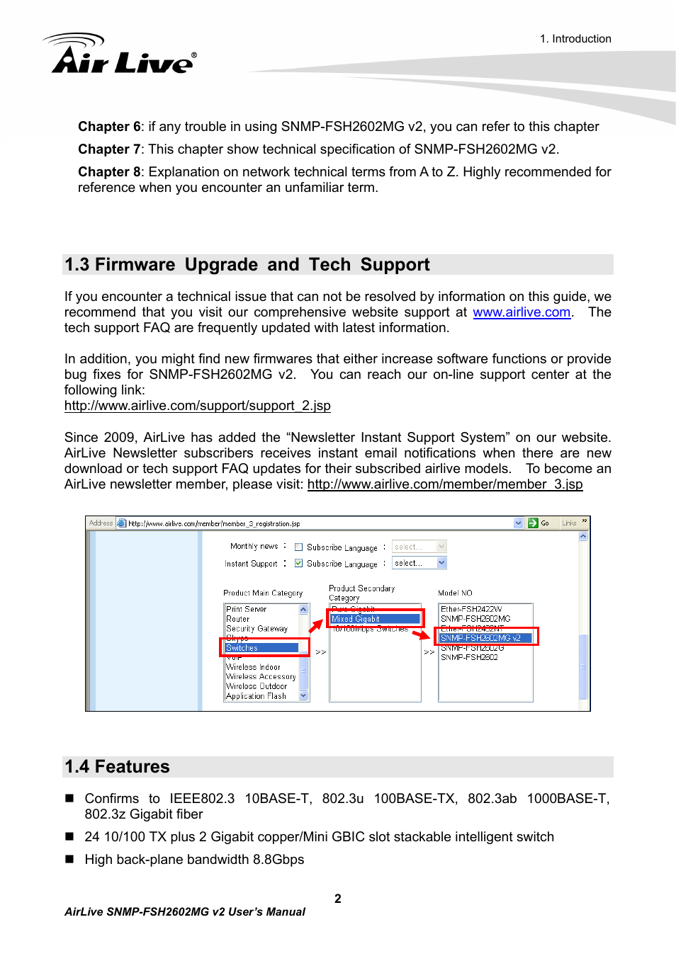 3 firmware upgrade and tech support, 4 features | AirLive SNMP-FSH2602MG v2 User Manual | Page 7 / 139